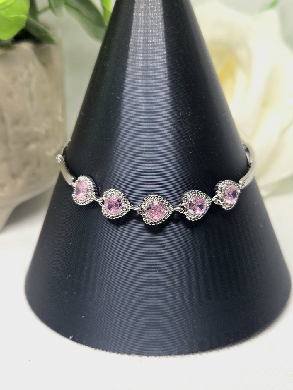 Silver Bracelet with Pink Crystal Heart Accents